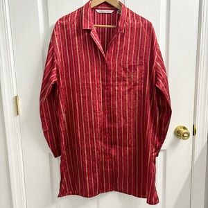 Victoria’s Secret Satin Pajama Button Up Shirt Dress Striped Red Gold